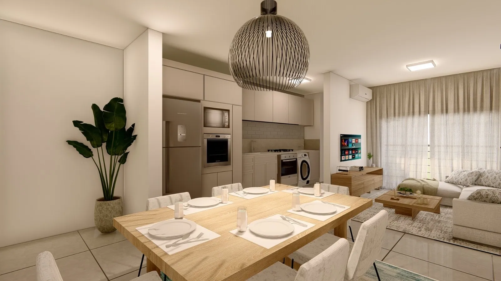Cozinha integrada à sala de jantar em apartamento do São João Residencial