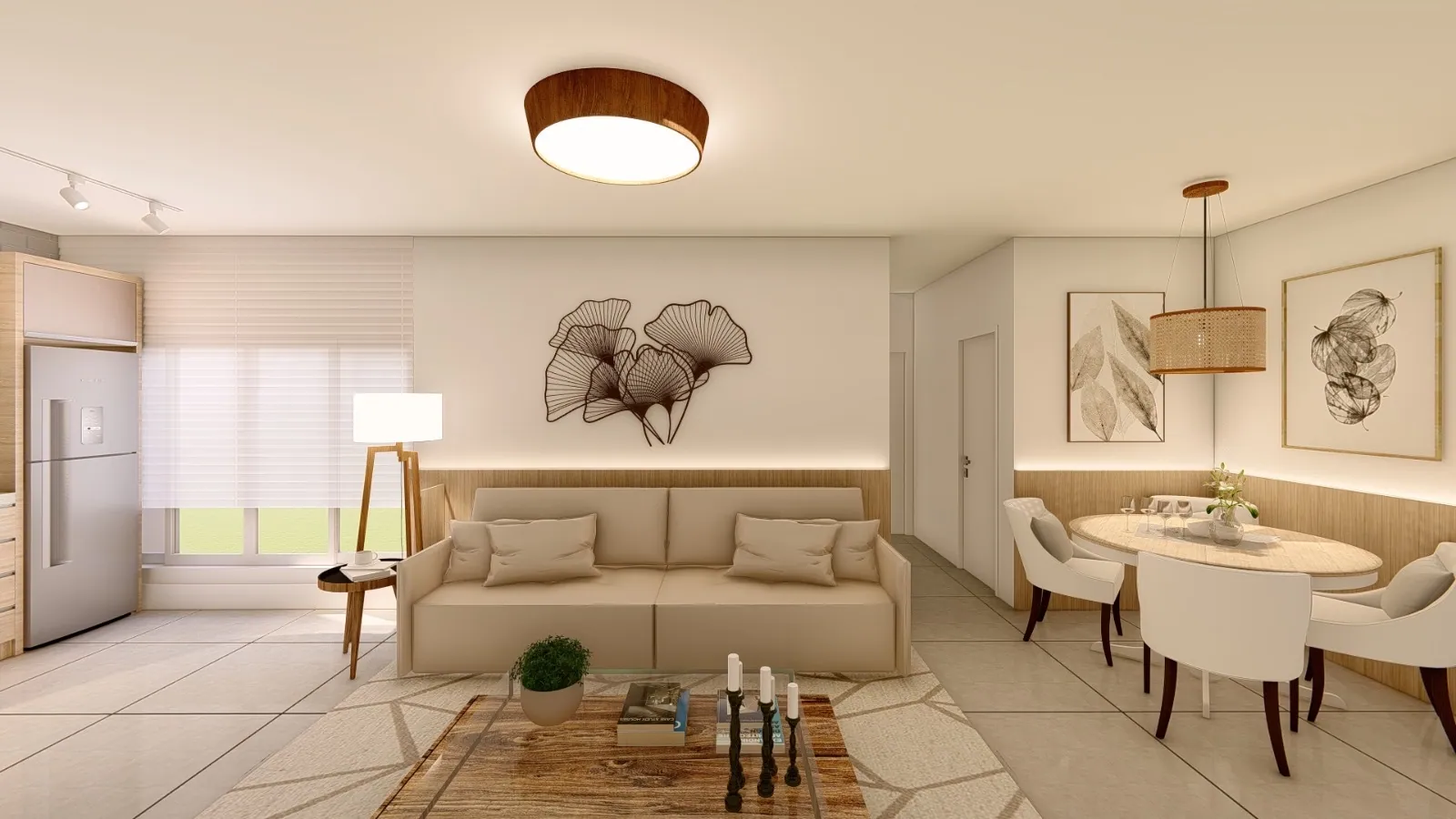Living integrado à sala de jantar e à cozinha em apartamento do São João Residencial