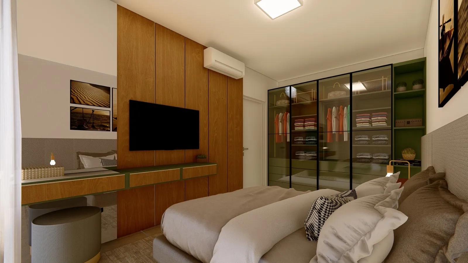 Suíte do São João Residencial, com painel de TV em madeira e closet envidraçado