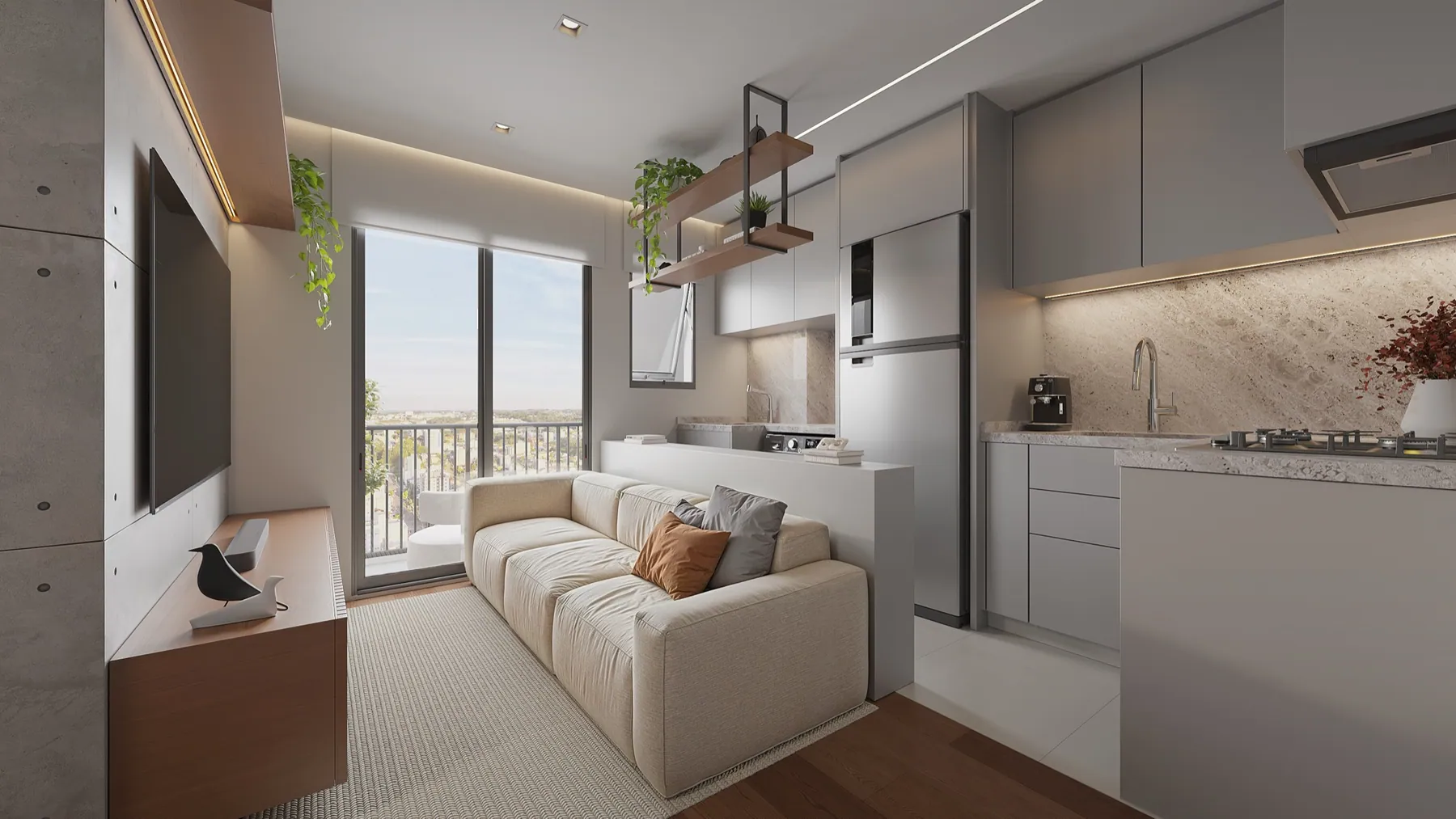 Living integrado à cozinha em apartamento do São Luiz Residencial, em Farroupilha